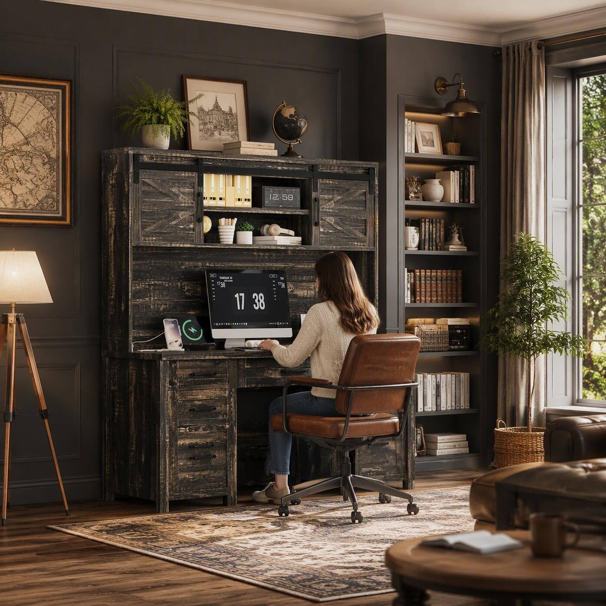 Angle. RYHNUYNE - Farmhouse Executive Desk with Hutch, Charging Station, 2 Sliding Barn Doors, 5 Drawers, Adjustable Cabinet, Rustic - Gray.