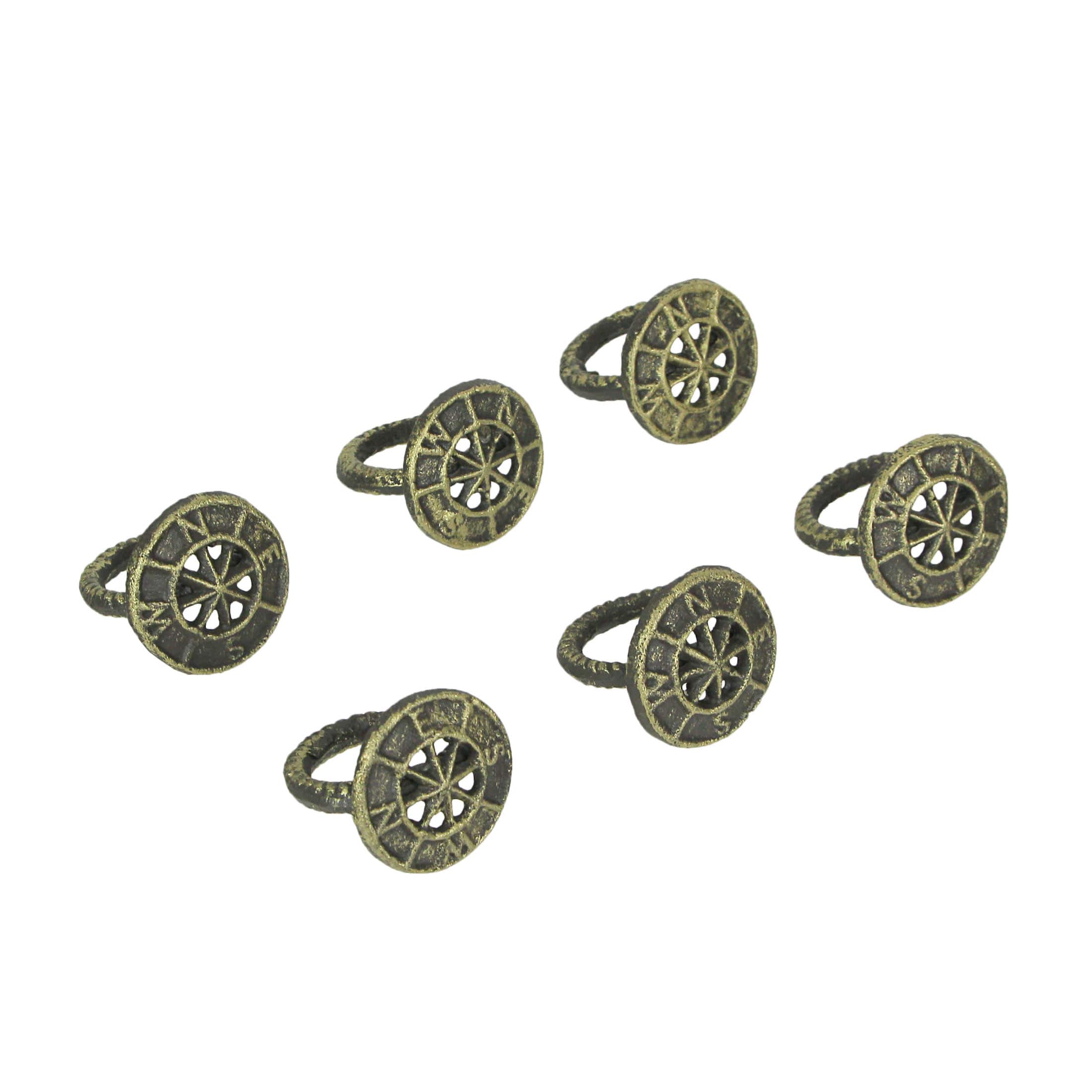 Zeckos - Set of 6 Cast Iron Compass Rose Napkin Rings Nautical Dining Decor - Bronze
