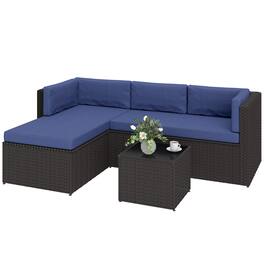 Outsunny - Piece Patio Furniture Set, Wicker Outdoor Patio Conversation Furniture Set with Cushions, Glass Top Table - Navy Blue
