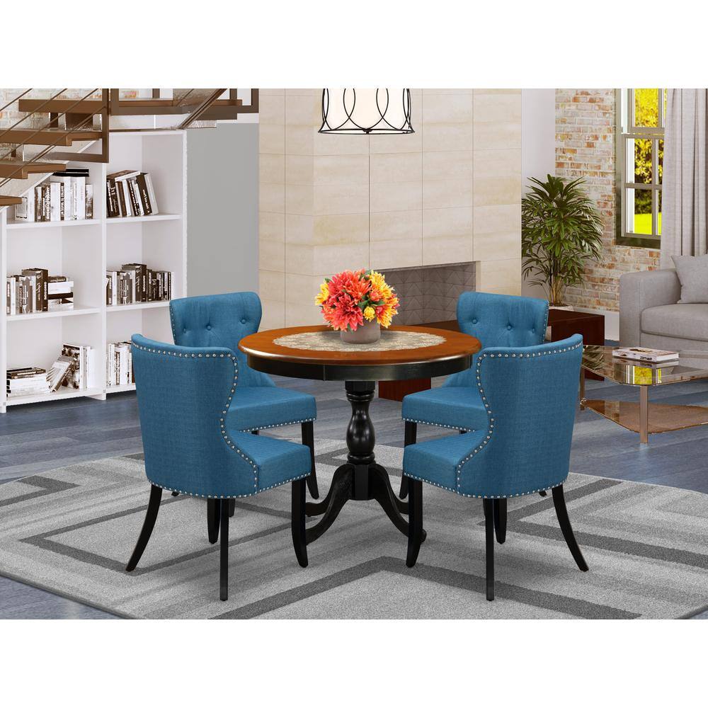 Angle. East West Furniture - East West Furniture 5-Piece Dining Table Set Contains a Mid Century Dining Table and 4 Blue Linen Fabric Midcentury - Multi-Color.