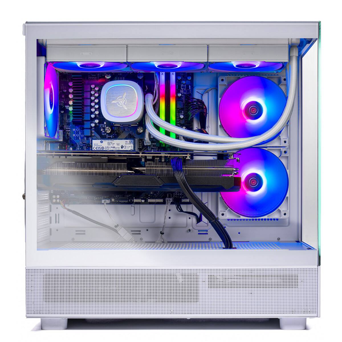 Angle. Skytech Gaming - Skytech AZURE3 - AMD Ryzen 7 9800X3D, 9070XT, 32GB 6000 MHz DDR5 RAM, 1000W GOLD PSU - White.