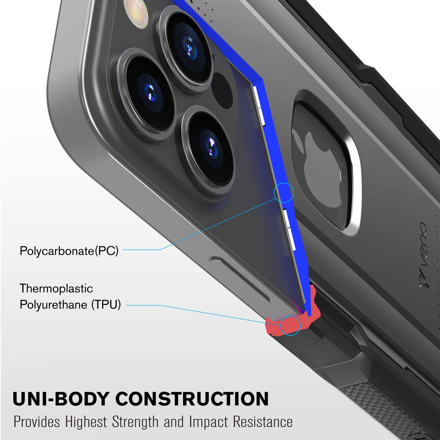 Polycarbonate (PC)  
Thermoplastic Polyurethane (TPU)  
UNI-BODY CONSTRUCTION  
Provides Highest Strength and Impact Resistance