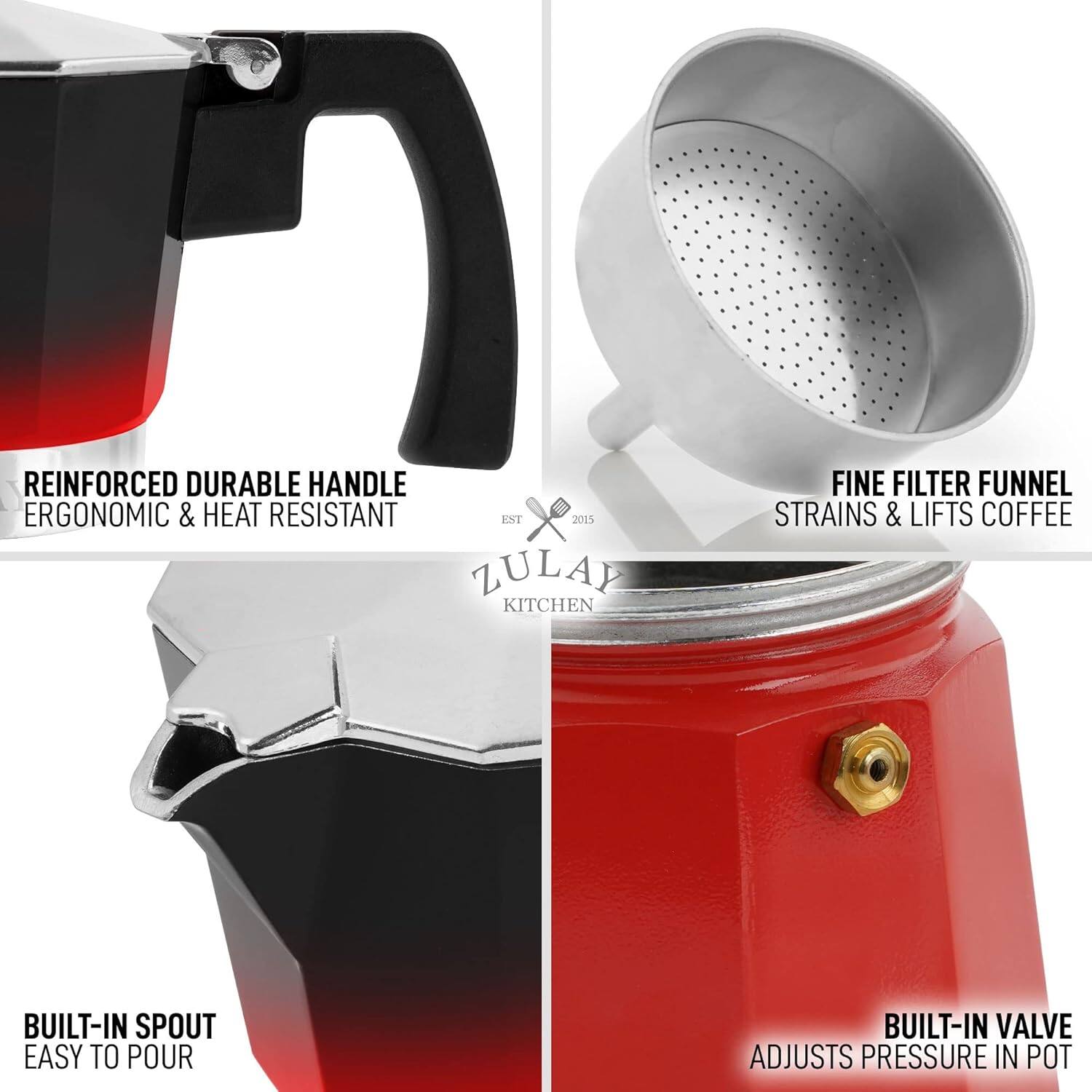 - REINFORCED DURABLE HANDLE  
  ERGONOMIC & HEAT RESISTANT

- FINE FILTER FUNNEL  
  STRAINS & LIFTS COFFEE

- BUILT-IN SPOUT  
  EASY TO POUR

- BUILT-IN VALVE  
  ADJUSTS PRESSURE IN POT
