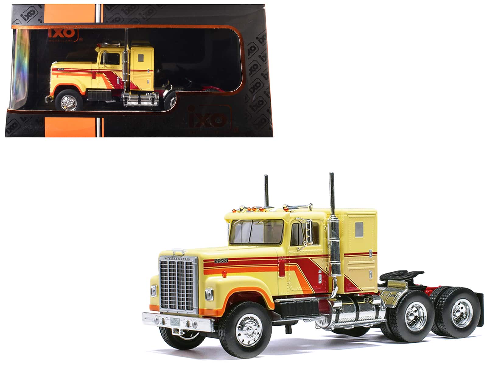 1980 International Transtar 4300 Truck Tractor 1/43 Diecast Model by IXO Models - Beige with Red and Orange Stripes