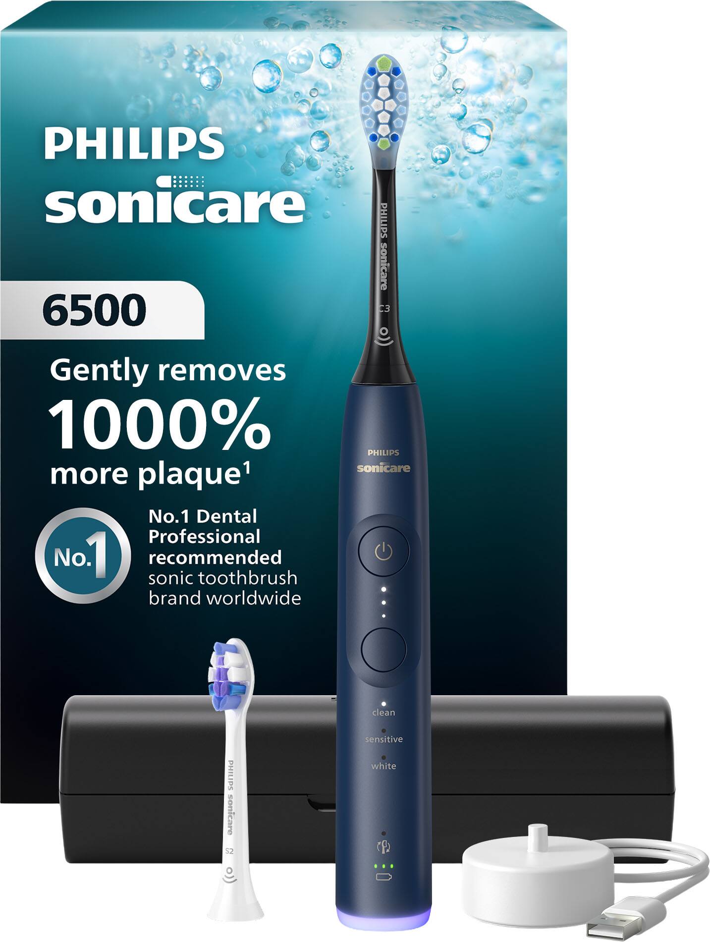 PHILIPS sonicare  
6500  
Gently removes 1000% more plaque¹  
No.1 Dental Professional recommended sonic toothbrush brand worldwide  
PHILIPS sonicare 52 sensitive white