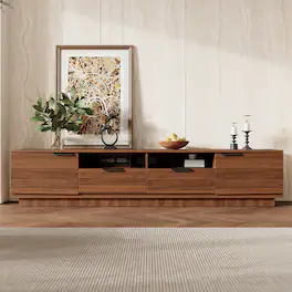 MERAVOM - Mid-Century Modern Fluted TV Stand for TVs Up to 85", Entertainment Center with Storage Cabinets, 2 Drawers,Open Shelves - Walnut