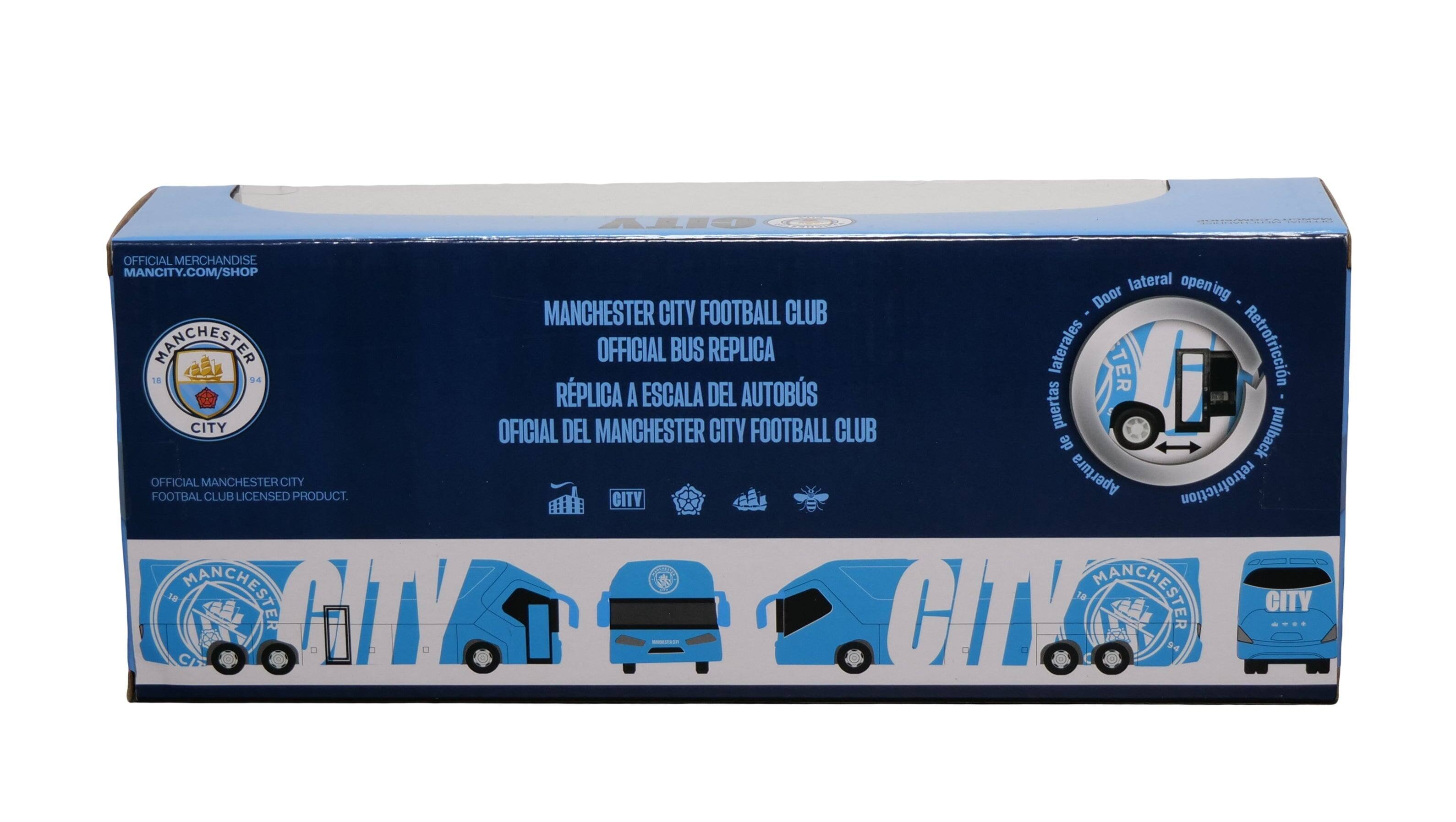 CITV 0 OFFICIAL MERCHANDISE MANCITY.COM/SHOP  
MANCHESTER CITY FOOTBALL CLUB  
OFFICIAL BUS REPLICA  
RÉPLICA A ESCALA DEL AUTOBÚS  
OFICIAL DEL MANCHESTER CITY FOOTBALL CLUB  
LICENSED FOOTBALL CLUB PRODUCT.  
Apertura retrofriction  
lateral opening Door  
MANCHESTER CITY  
CITY  
MANCHESTER CITY FOOTBALL CLUB  
OFFICIAL BUS REPLICA  
RÉPLICA A ESCALA DEL AUTOBÚS  
OFICIAL DEL MANCHESTER CITY FOOTBALL CLUB  
LICENSED FOOTBALL CLUB PRODUCT.  
MANCHESTER CITY  
CITY