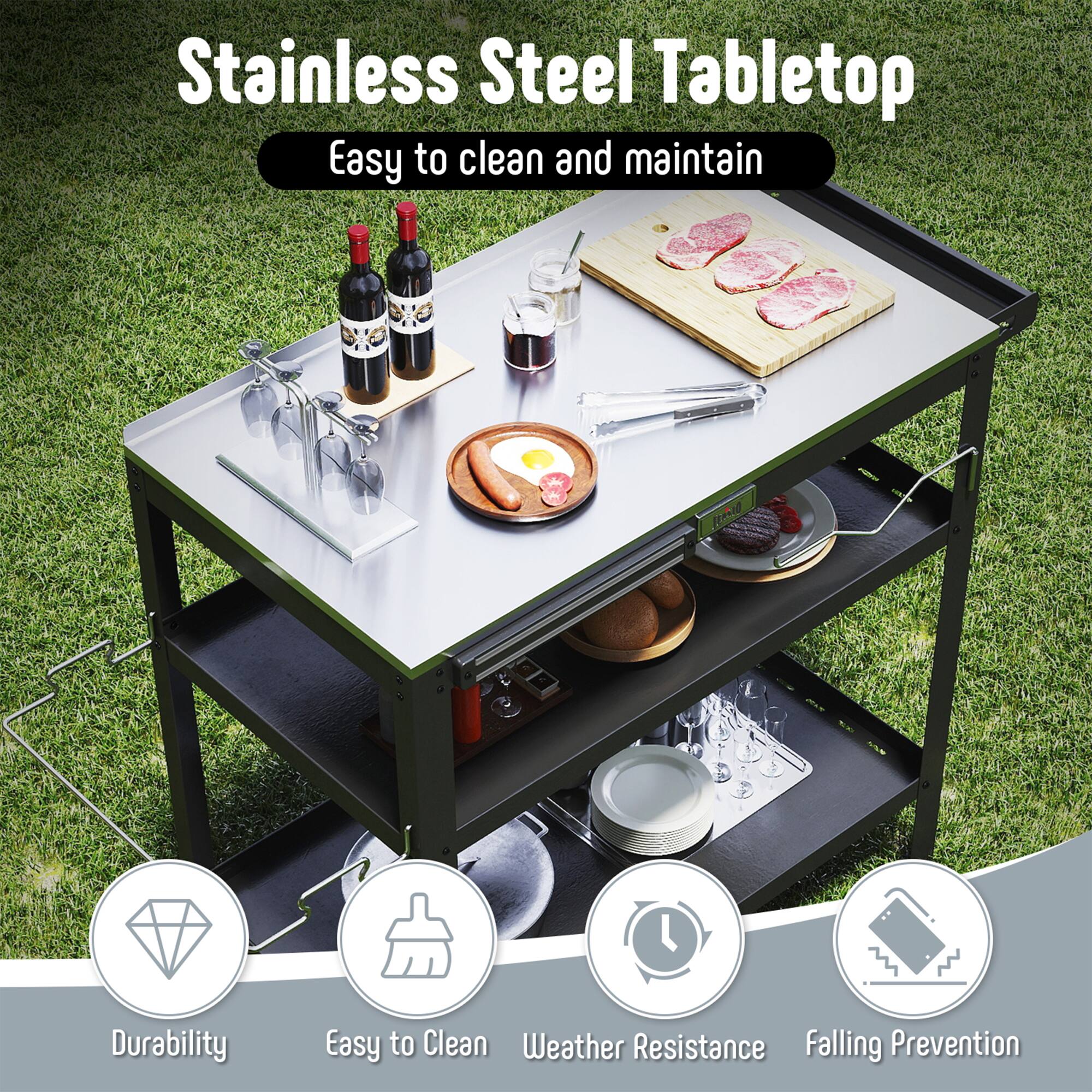 Stainless Steel Tabletop  
Easy to clean and maintain  

Durability  
Easy to Clean  
Weather Resistance  
Falling Prevention