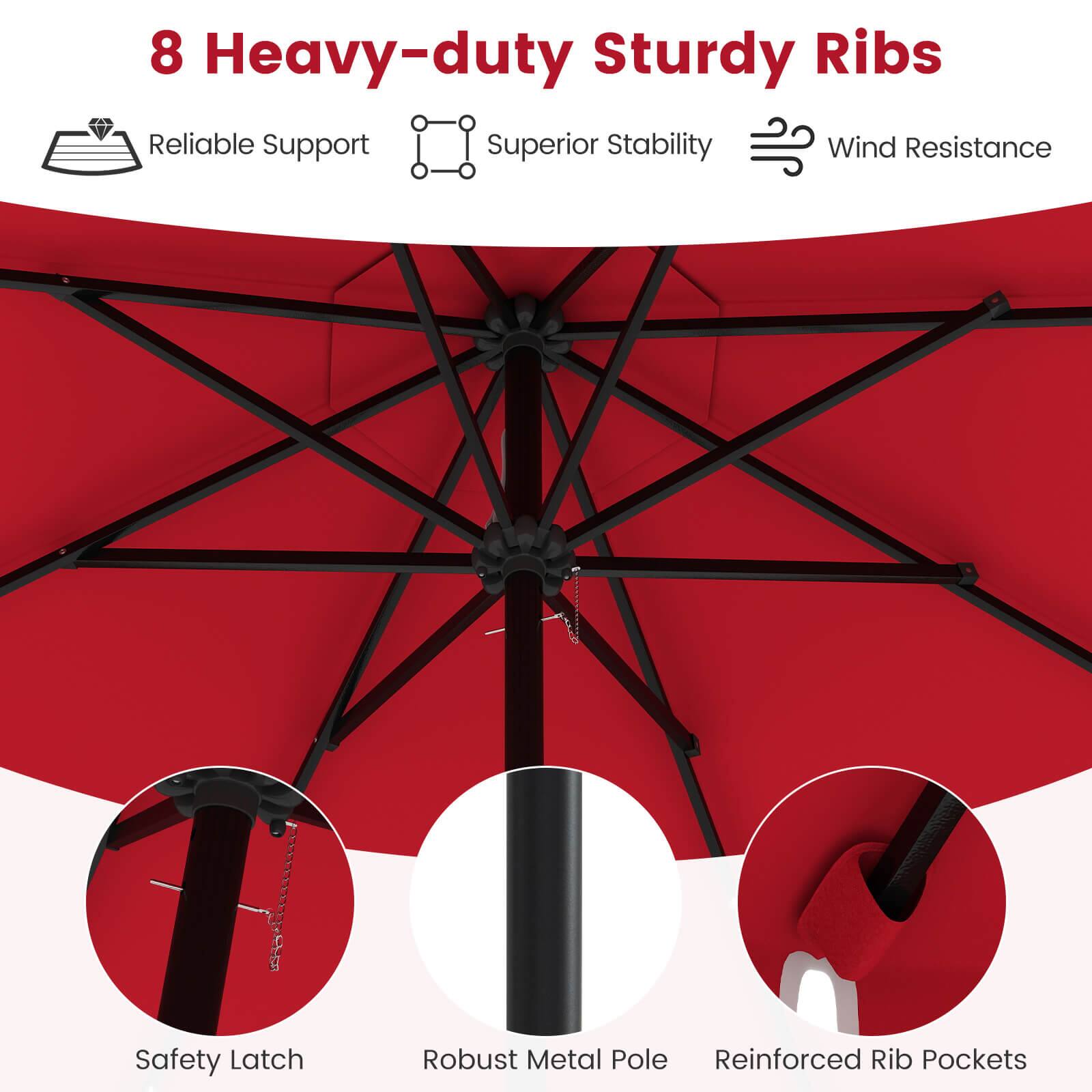 The text on the image is grouped and corrected as follows:

8 Heavy-duty Sturdy Ribs: Reliable Support, Superior Stability, Wind Resistance, Safety Latch, Robust Metal Pole, Reinforced Rib Pockets.