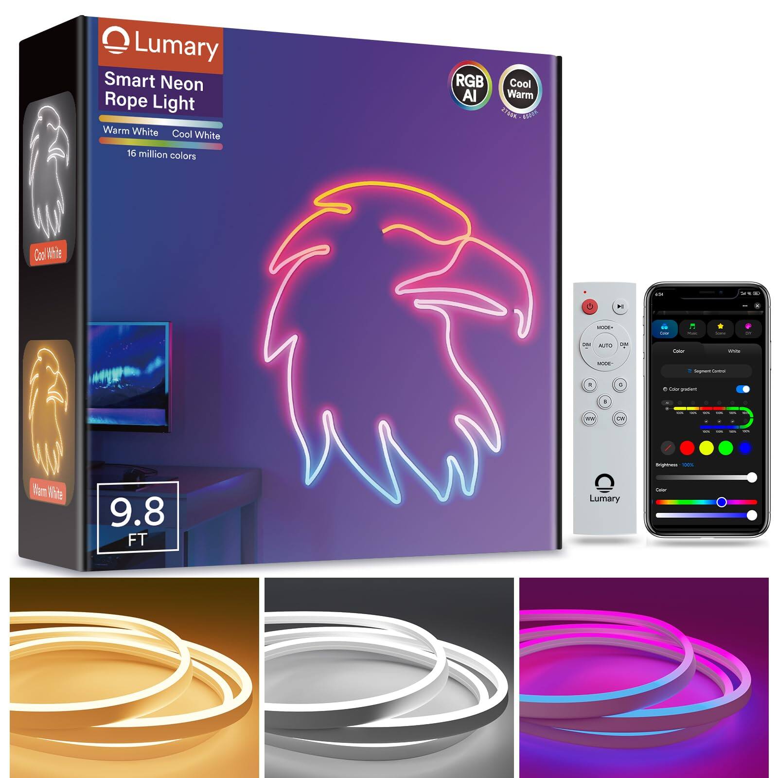 Lumary Smart Neon Rope Light Warm White Cool White 16 million colors RGB AI Cool Warm 27B A Cool Warm 9.8 FT