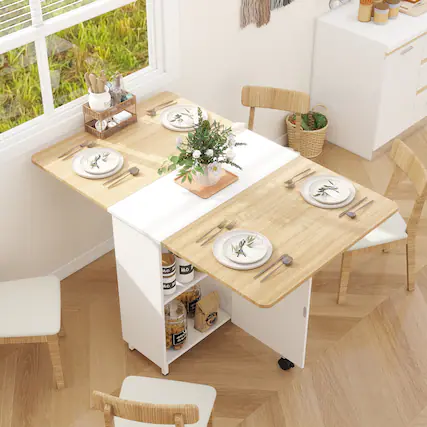 Front. Aheaplus - Folding Dining Table with Storage, 51.2" Dining Table for 2-4 People - White & Nature.