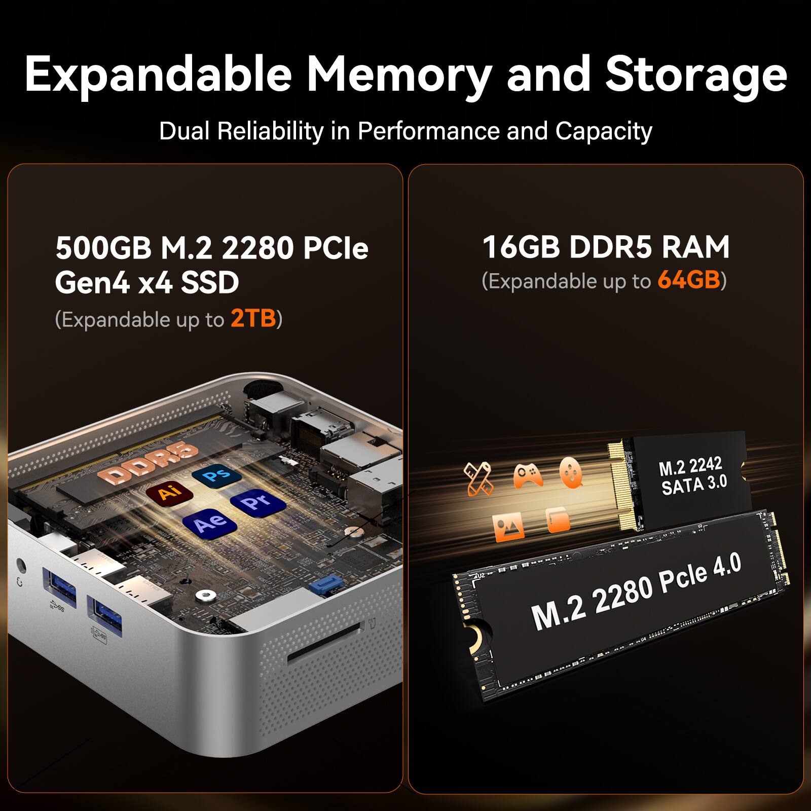 Expandable Memory and Storage  
Dual Reliability in Performance and Capacity  

500GB M.2 2280 PCIe Gen4 x4 SSD (Expandable up to 2TB)  
16GB DDR5 RAM (Expandable up to 64GB)  

DORS Ai Ps Pr Ae 1.1 aC  
M.2 2242 SATA 3.0 PCIe 4.0 M.2 2280
