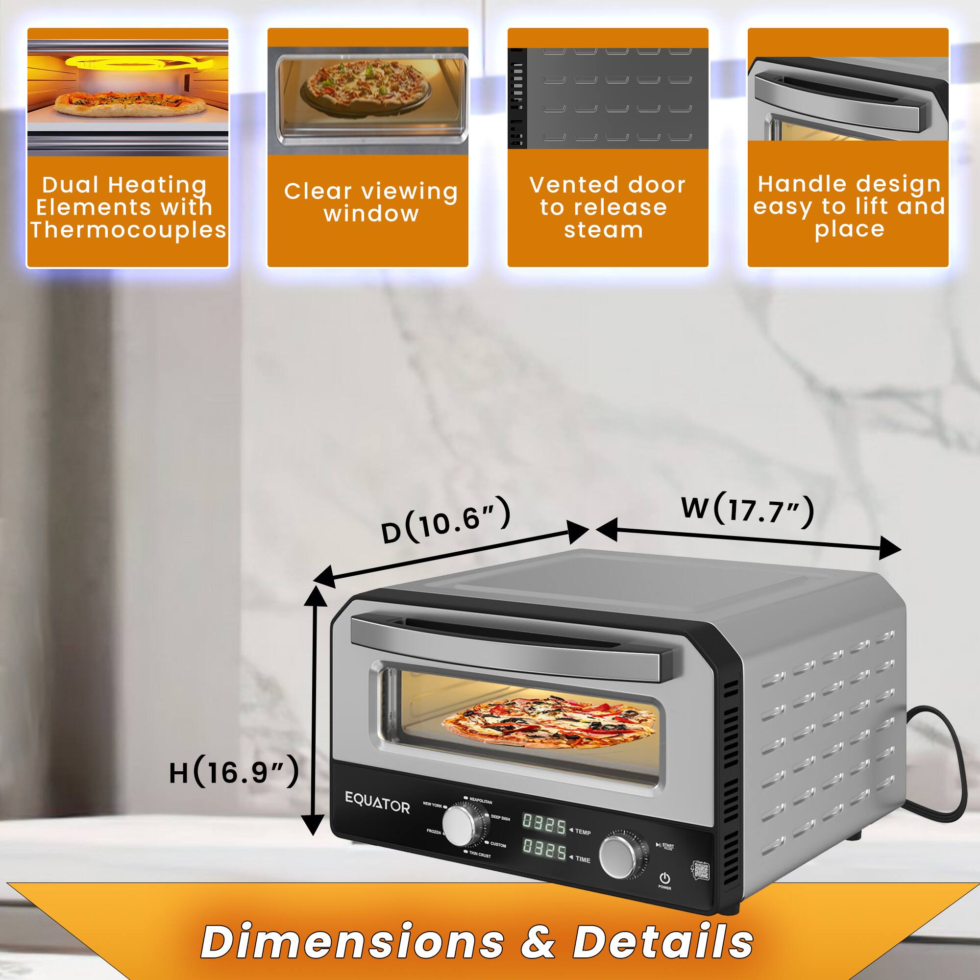 Dual Heating Elements with Thermocouples, Clear viewing window, Vented door to release steam, Handle design easy to lift and place, D (10.6"), W (17.7"), H (16.9"), EQUATOR - S, Dimensions & Details
