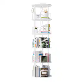 HTUTWOO - 5-Tier 360° Rotating Bookshelf Tower, Narrow Tall Spinning Bookcase, Space-Saving for Bedroom Living Room Office - White
