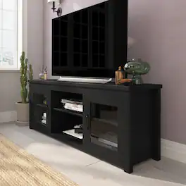 Emma + Oliver - Liam TV Stand for up to 80" TV's - 65" Media Console with Classic Full Glass Doors & 3 Adjustable Shelves - Black