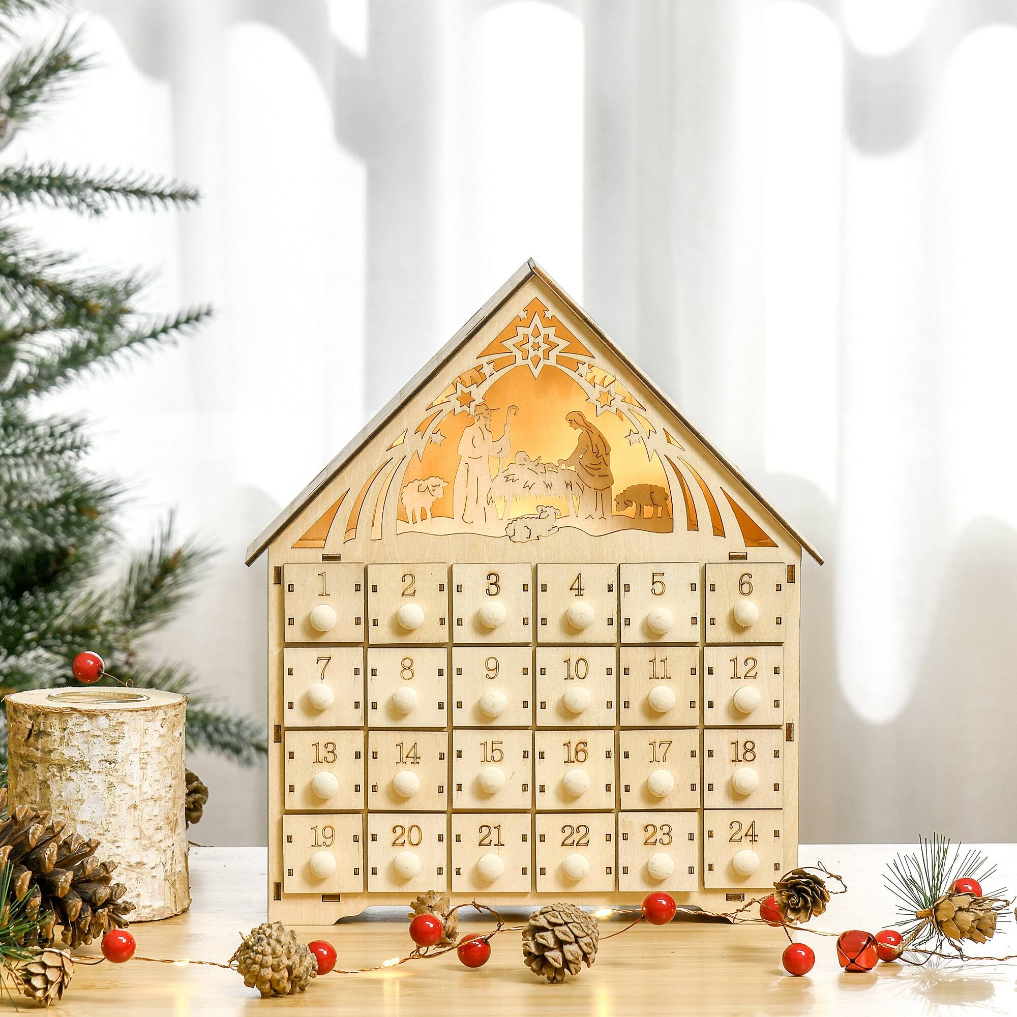Alt View 8. Homcom - Christmas Advent Calendar, Light Up Manger Scene Tabletop Xmas Wooden House Holiday Decoration with Countdown Drawer - Brown.