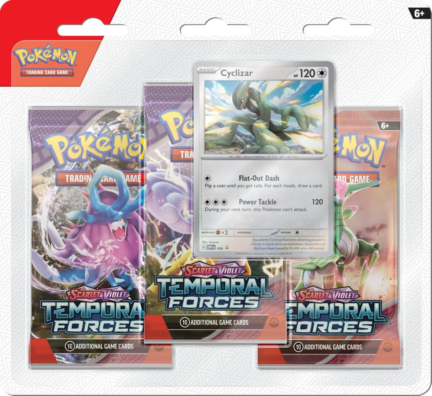 6+  
POKÉMON TRADING CARD GAME  
BASIC Cyclizar  
HP 120  

Flat-Out Dash  
Flip a coin until you get tails. For each heads, draw a card.  

Power Tackle 120  
During your next turn, this Pokémon can't attack.  

2 SVPD 0-966  

resistance Rirzat  
Apparently Cyclizar has been allowing people to ride on its back since ancient times. Depictions of this have been found in 10,000-year-old murals.  

SCARLET & VIOLET TEMPORAL FORCES  
10 ADDITIONAL GAME CARDS