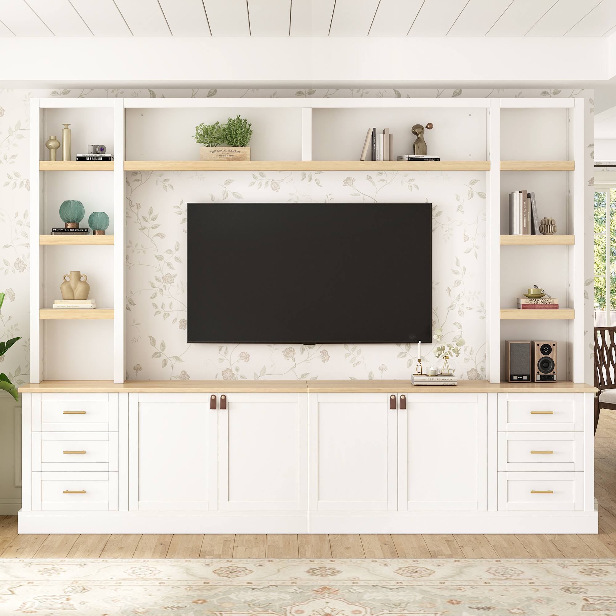 Angle. APRILSOUL - 102.3in W 4-Piece Entertainment Center Wall Unit with Adjustable Shelves Bookshelves for TVs Up to 75in 6 Drawers White - White.