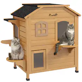 Pawhut - 2-story Cat House Outdoor, Weatherproof Wooden, for Feral Cats, Escape Door, Openable Roof, Jumping Platforms