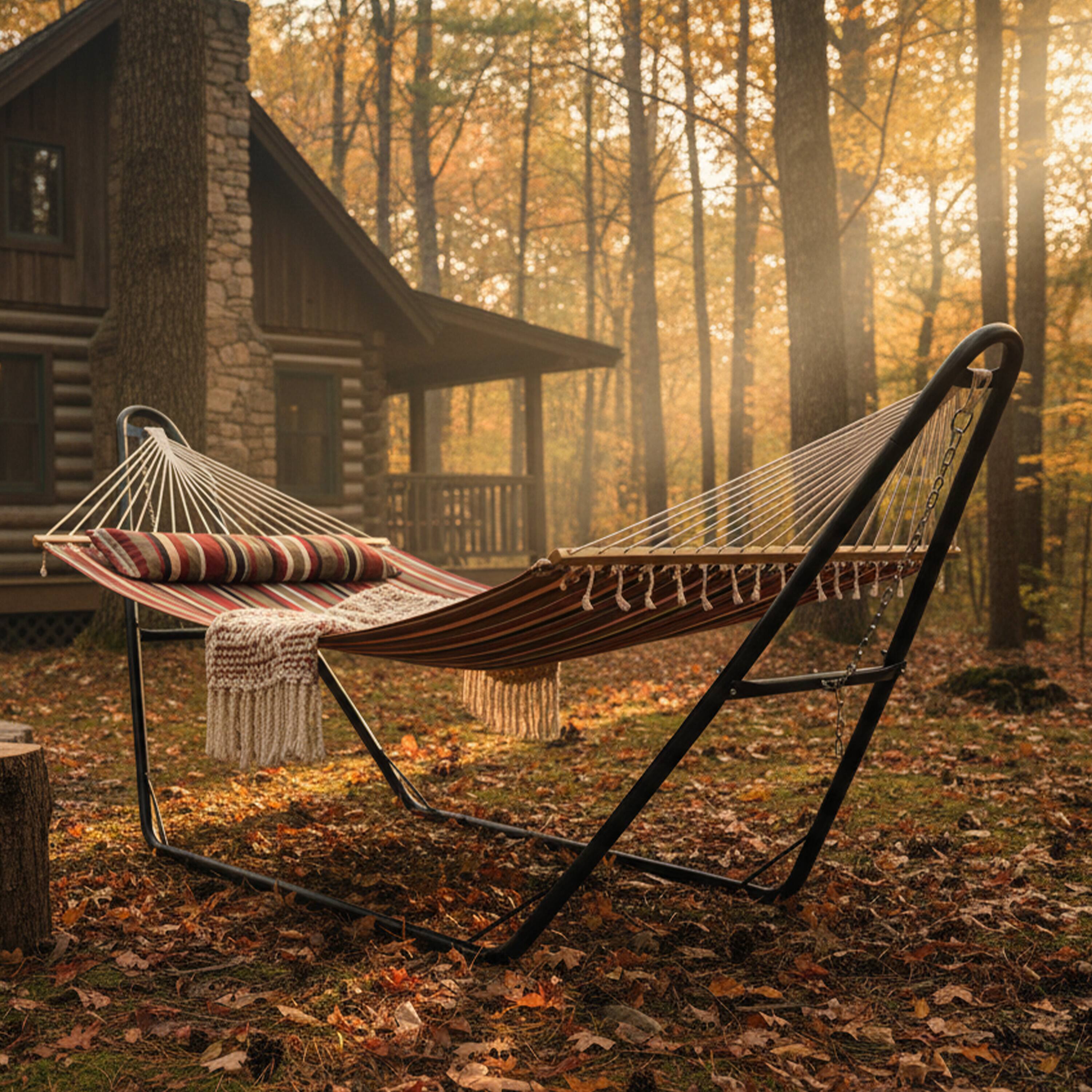 Alt View 7. Sunnydaze - Large Quilted Hammock with Universal Steel Stand - Awning Stripe.