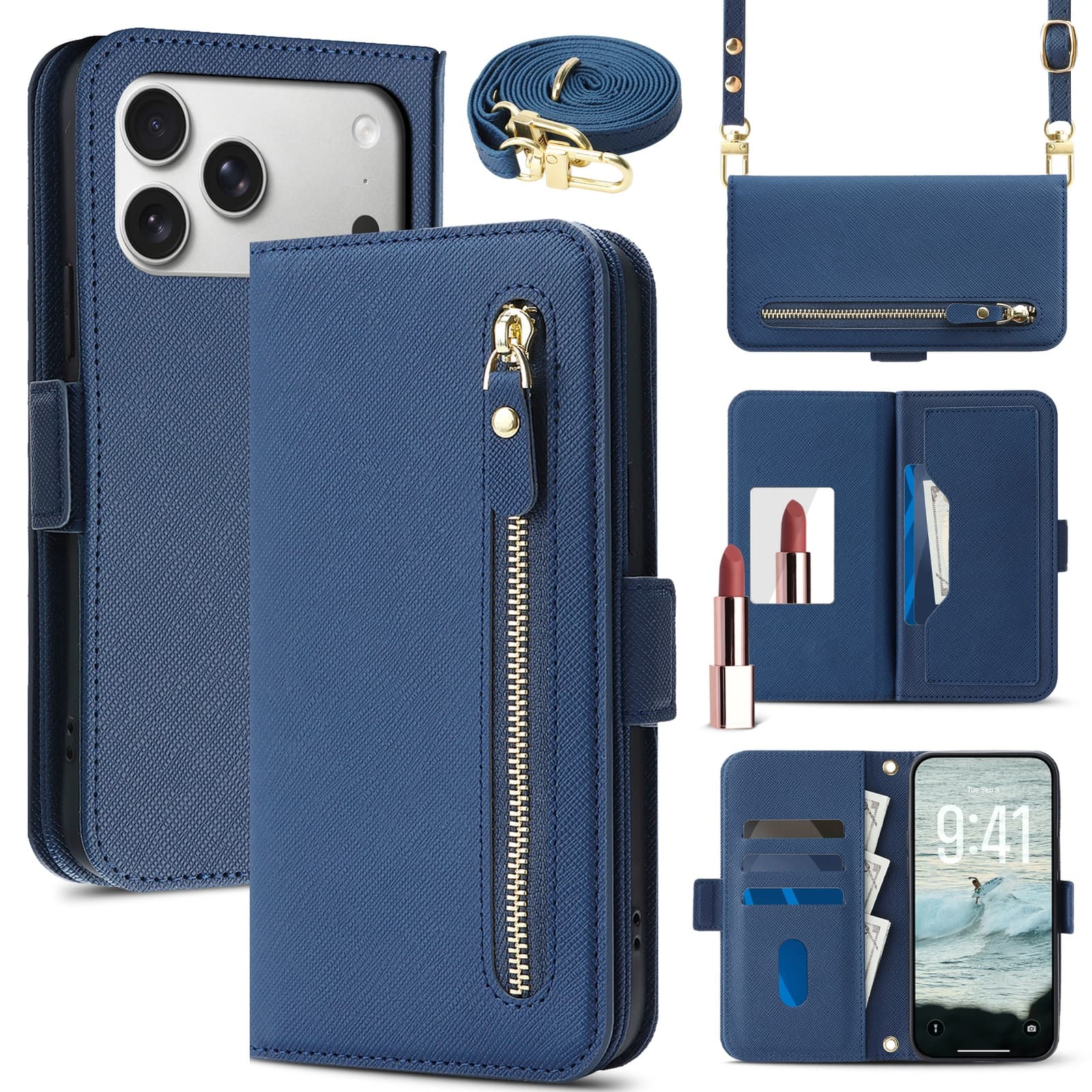 Dteck - For Apple iPhone 17 Pro Shockproof Leather Zipper Flip Wallet Case With Mirror and Crossbody Strap - Blue