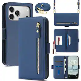 Dteck - For Apple iPhone 17 Pro Shockproof Leather Zipper Flip Wallet Case With Mirror and Crossbody Strap - Blue