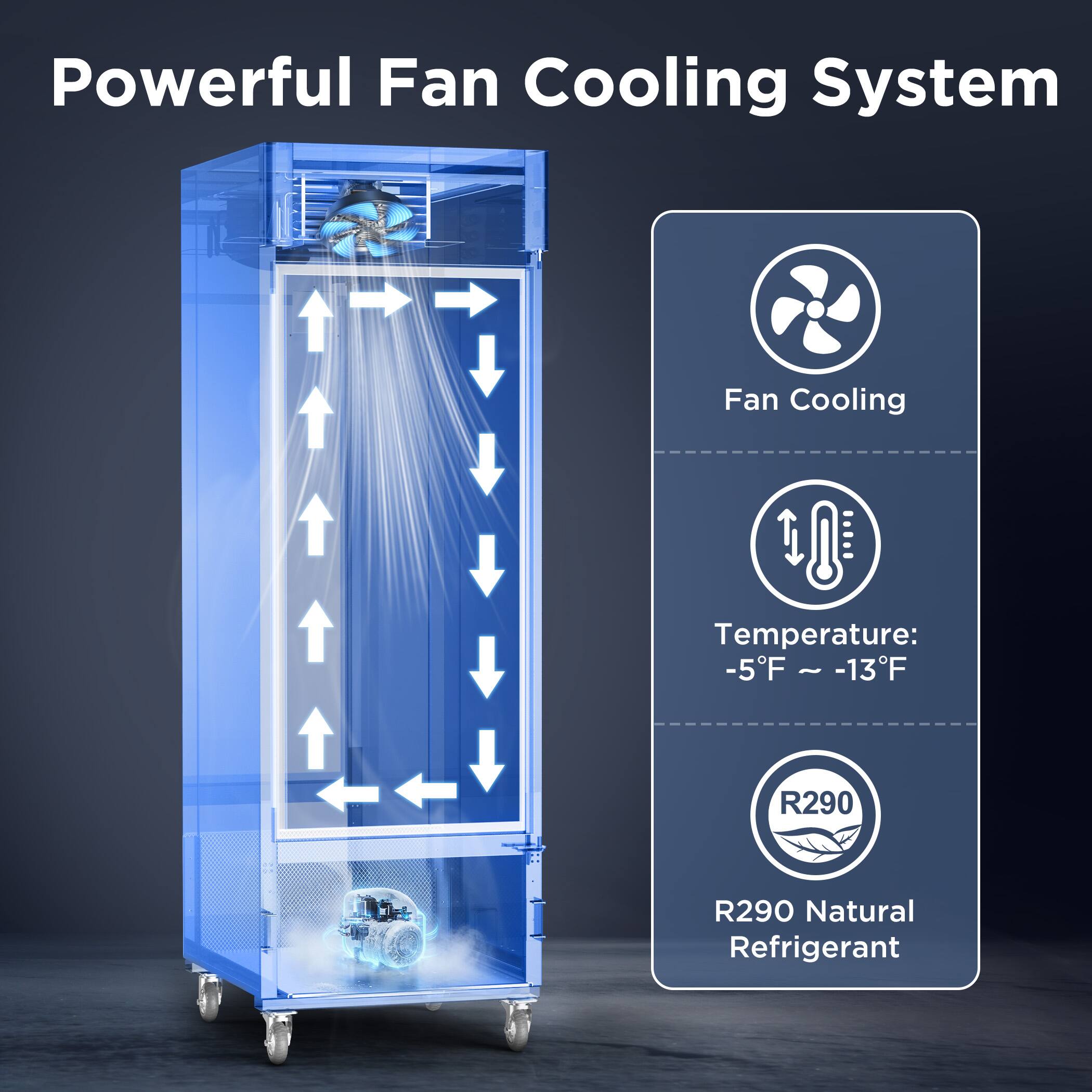 Powerful Fan Cooling System

Fan Cooling  
Temperature: -5°F ~ -13°F  
R290 Natural Refrigerant