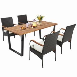Pefilos - 5 Pieces Patio Rattan Dining Set with Umbrella Hole for Poolside Backyard, Furniture Conversation Sets, Coffee Table - White