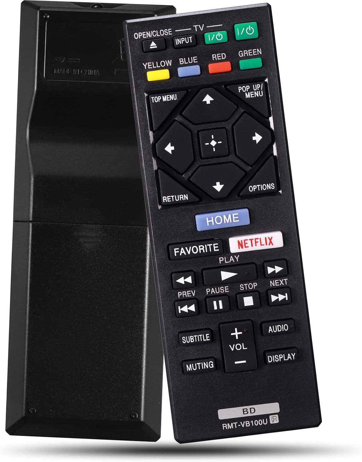 AV MADI TCHINA TV 1/ OPEN/CLOSE 1/ INPUT RED GREEN YELLOW BLUE TOP MENU POP UP/ MENU OPTIONS RETURN HOME NETFLIX FAVORITE PLAY PAUSE STOP PREV NEXT SUBTITLE MUTING + VOL - AUDIO DISPLAY BD R RMT-VB100U