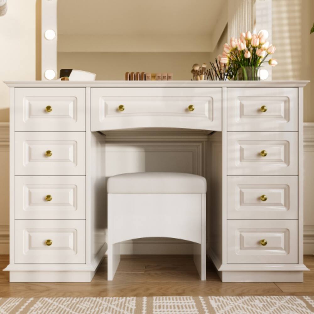Alt View 4. LUCKY ONE - Luxurious Makeup Vanity w/ 10 Hollywood Bulbs 9 Drawers & Storage Stool - White.