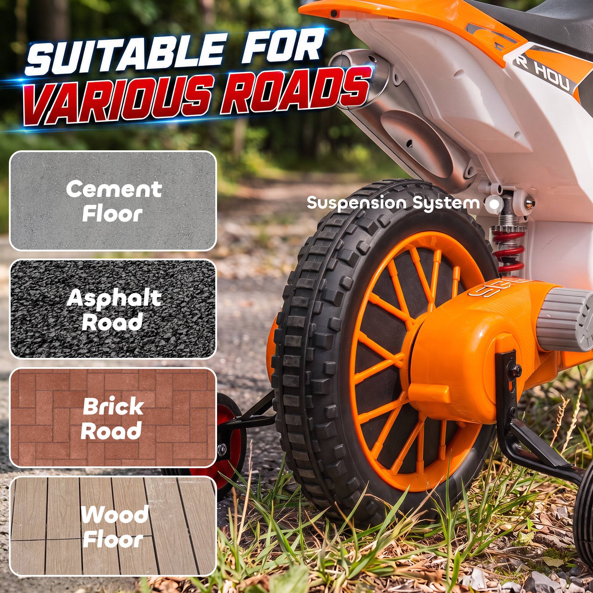 SUITABLE FOR VARIOUS ROADS

- Cement Floor
- Asphalt Road
- Brick Road
- Wood Floor

Suspension System