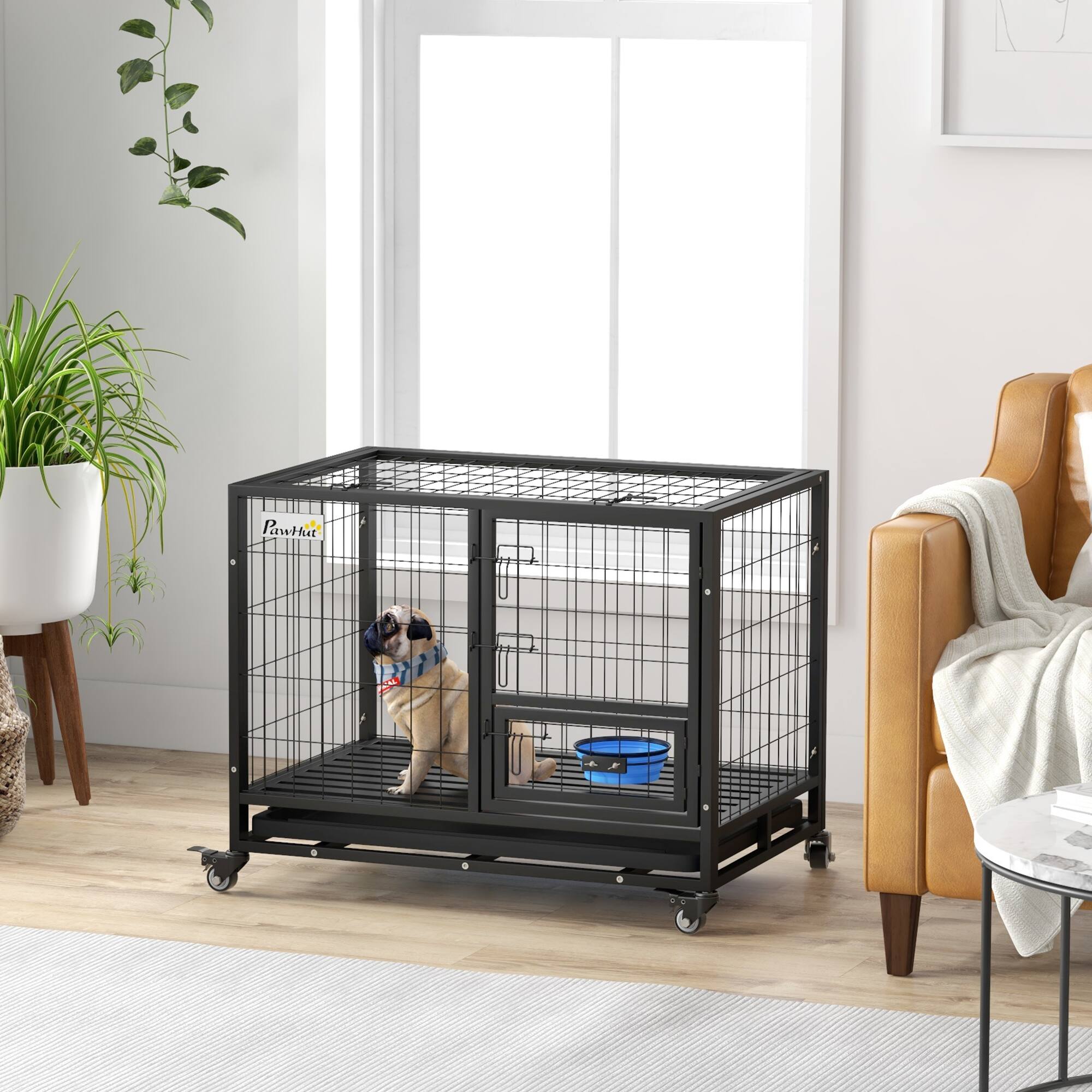 Angle. Pawhut - 36" Heavy Duty Dog Crate with Bowl Holder, Strong Steel Dog Cage Kennel with Wheels, Detachable Door, Openable Top.