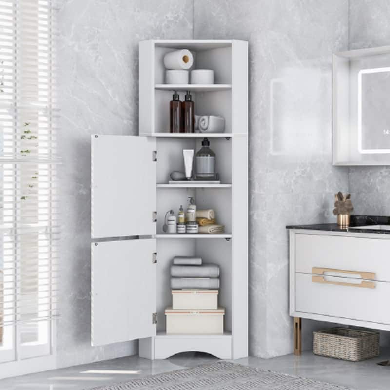 Auledio - Tall Bathroom Corner Cabinet, Freestanding Storage Cabinet with Doors and Adjustable Shelves, MDF Board - White
