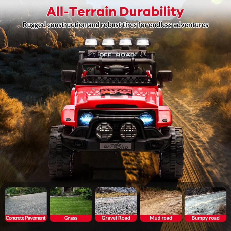 All-Terrain Durability  
Rugged construction and robust tires for endless adventures  

Concrete Pavement  
Grass  
Gravel Road  
Mud road  
Bumpy road