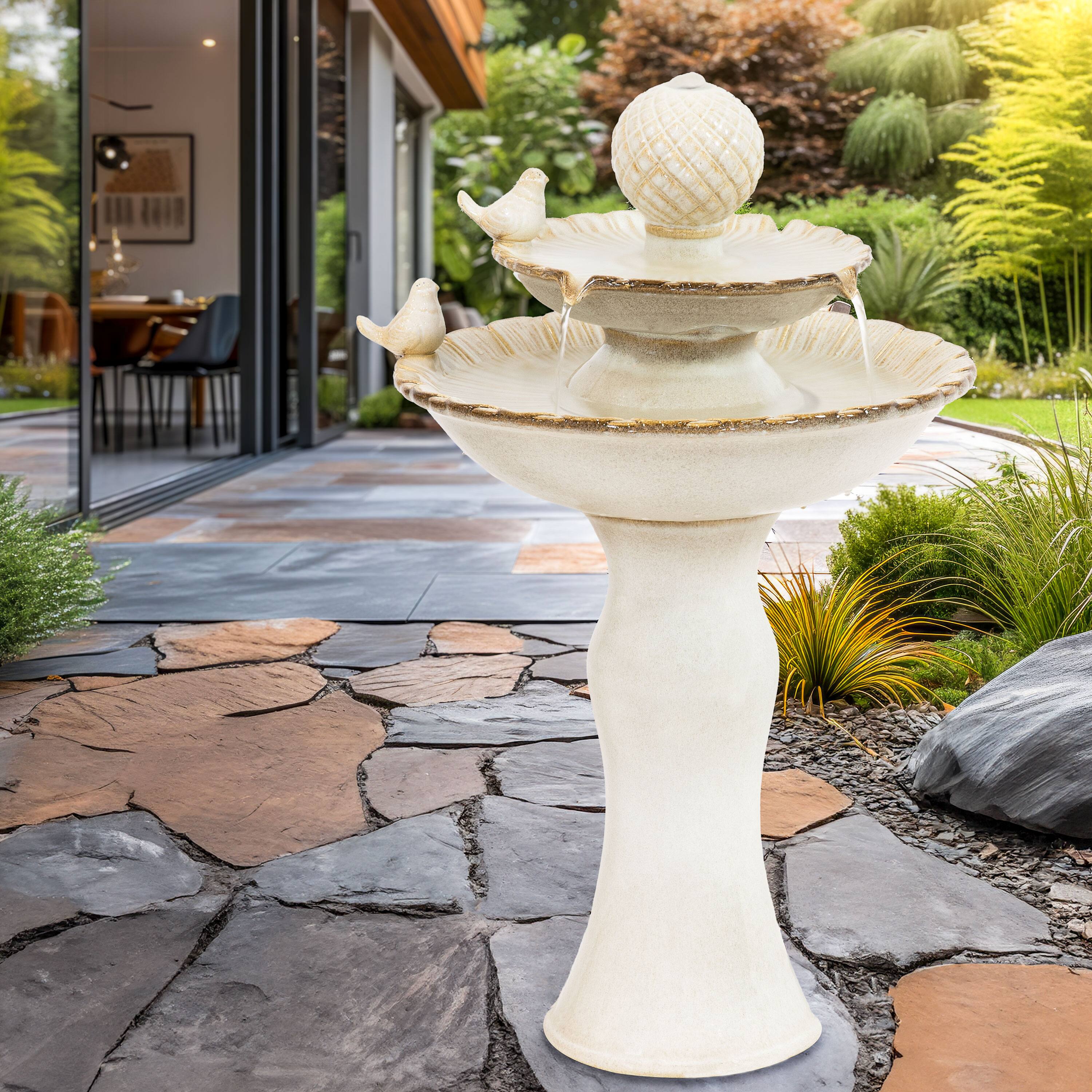Alt View 6. Sunnydaze - Resting Birds Ceramic Outdoor 2-Tier Water Fountain - White.