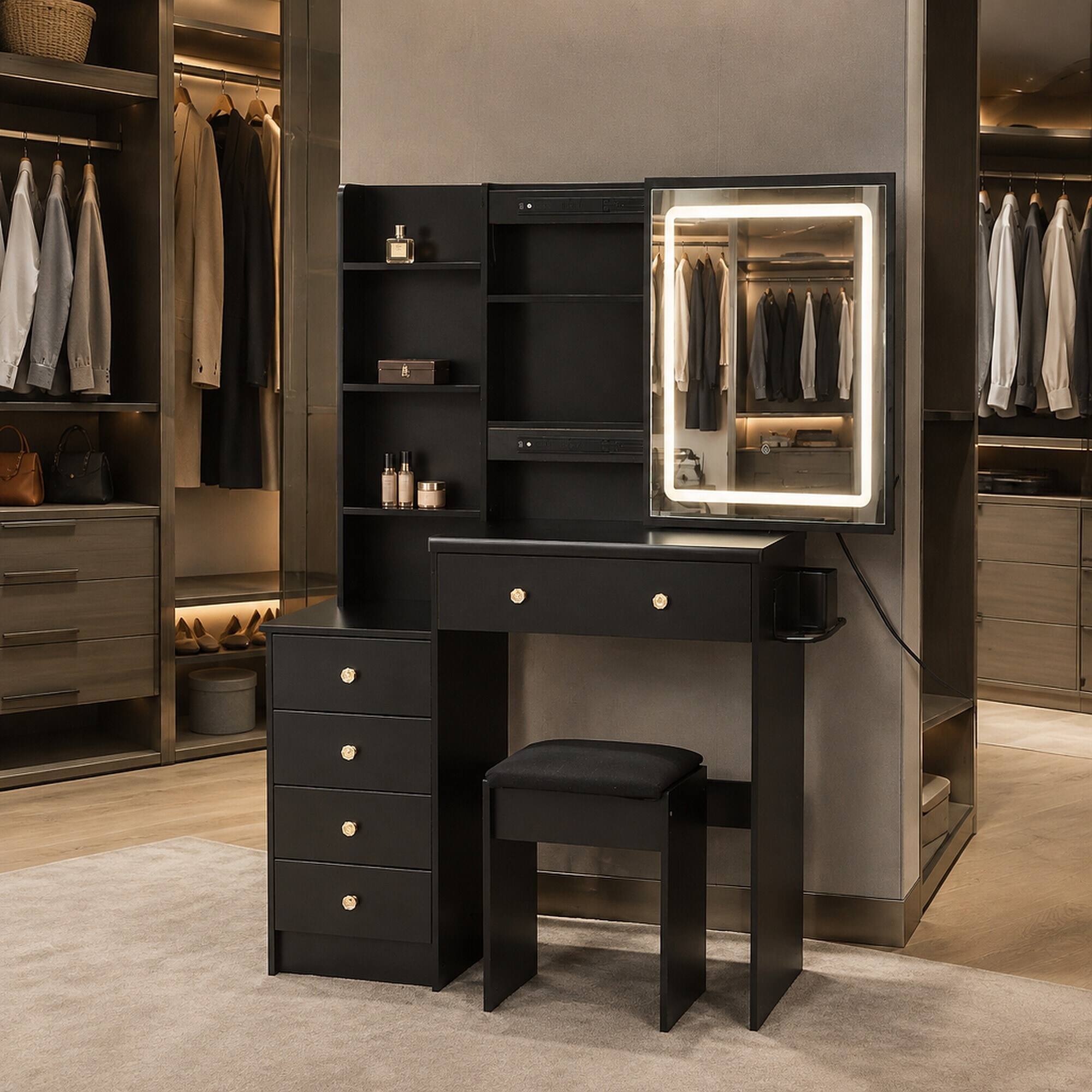Left. RYHNUYNE - 37 in Makeup Vanity Table Set, Sliding LED Mirror, Cushioned Stool, Built-in Outlet and Hair Dryer Stand, UL EPA - Black.