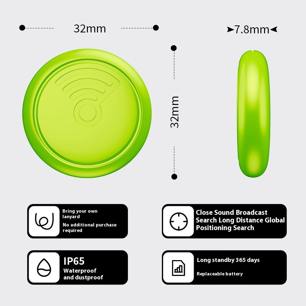 - 32mm
- 32mm
- 7.8mm

Bring your own lanyard  
No additional purchase required

Close Sound Broadcast  
Search Long Distance Global Positioning Search

IP65 Waterproof and dustproof

Long standby 365 days  
Replaceable battery