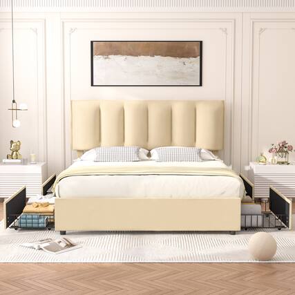 Front. Vecelo - Queen Upholstered Bed Frame with 4 Storage Drawers, Adjustable Velvet Headboard, No Box Spring Needed, Metal Platform - Beige.