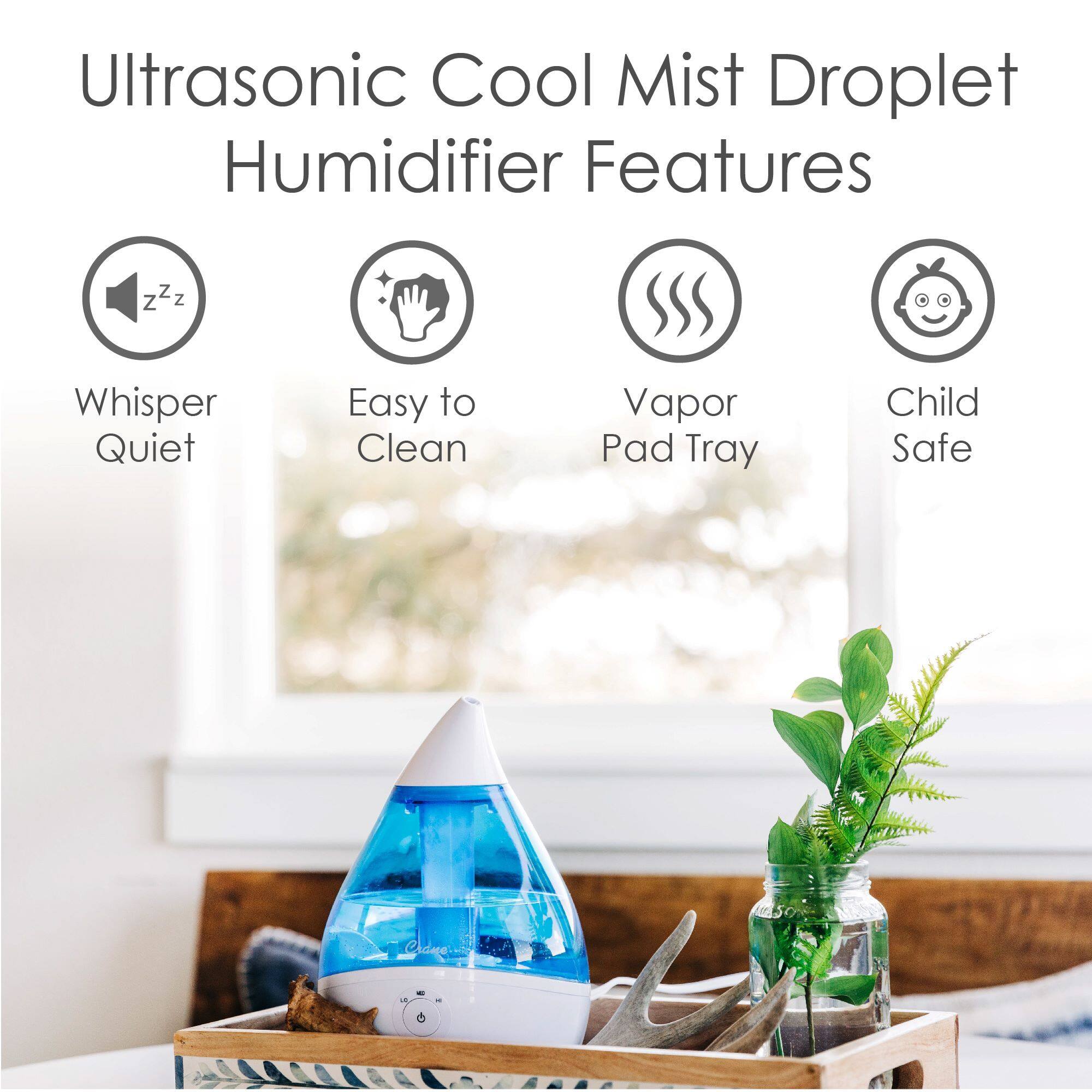 Ultrasonic Cool Mist Droplet Humidifier Features

- Whisper Quiet
- Easy to Clean
- Vapor Pad Tray
- Child Safe