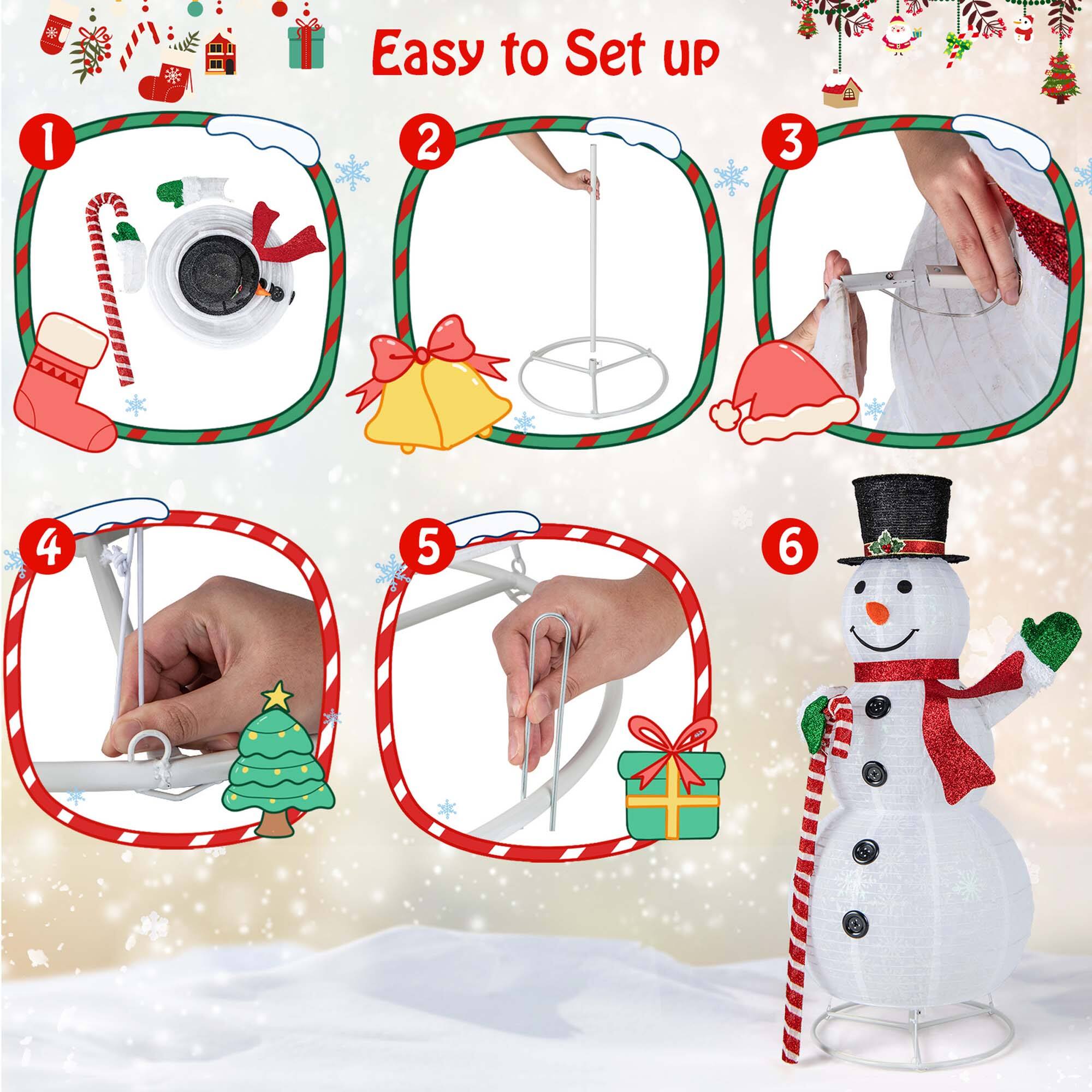 Easy to Set Up:
1. Assemble the snowman's body
2. Attach the snowman's head
3. Add the snowman's arms
4. Attach the snowman's hat
5. Add the snowman's scarf
6. Decorate the snowman with a bow