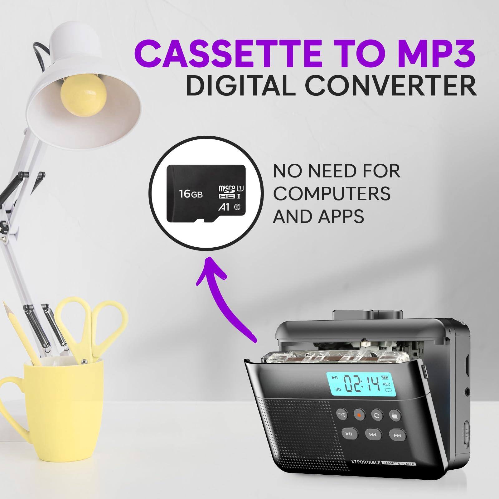 Cassette to MP3 Digital Converter  
No need for computers and apps  
16GB SD card included
