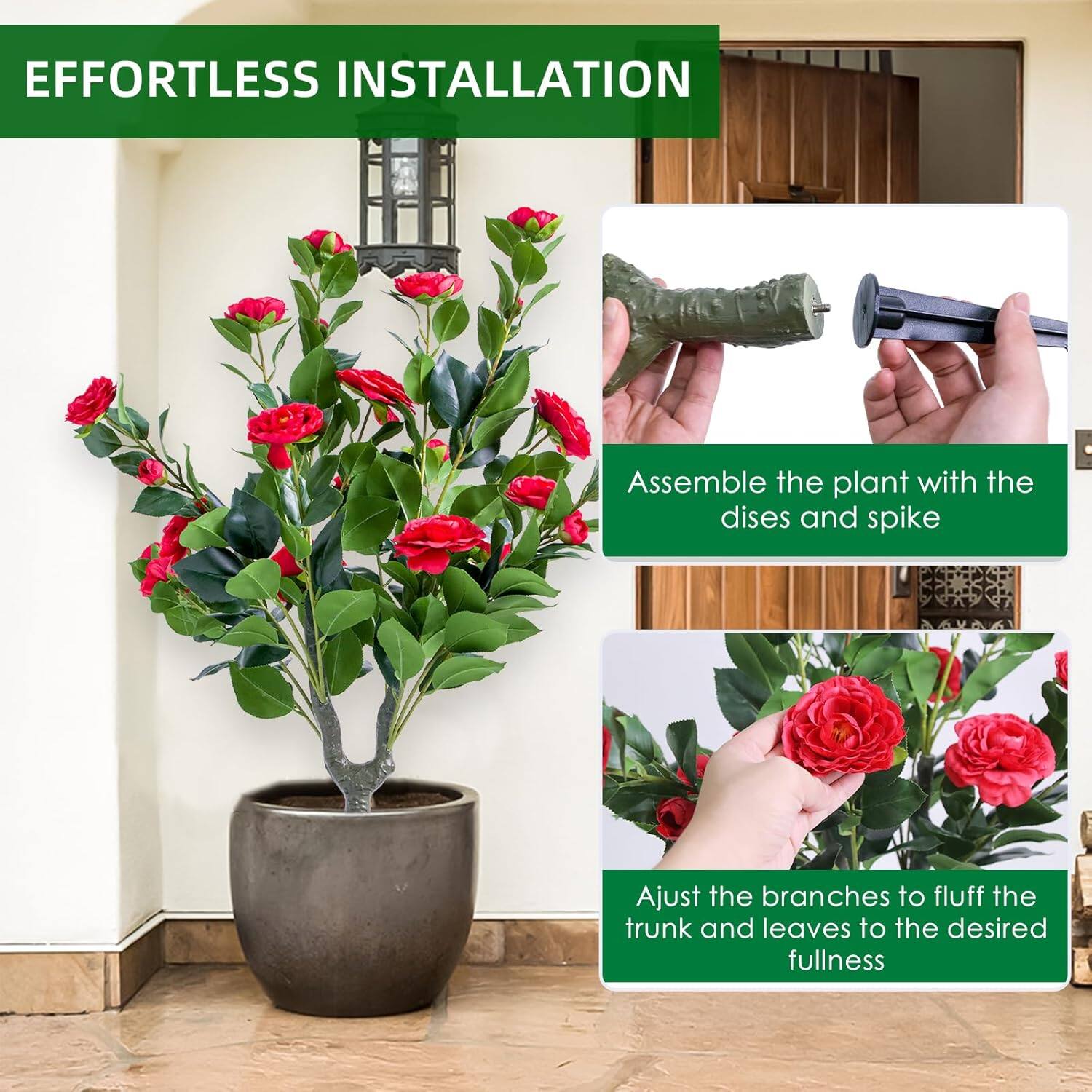 EFFORTLESS INSTALLATION

Assemble the plant with the discs and spike

Ajust the branches to fluff the trunk and leaves to the desired fullness