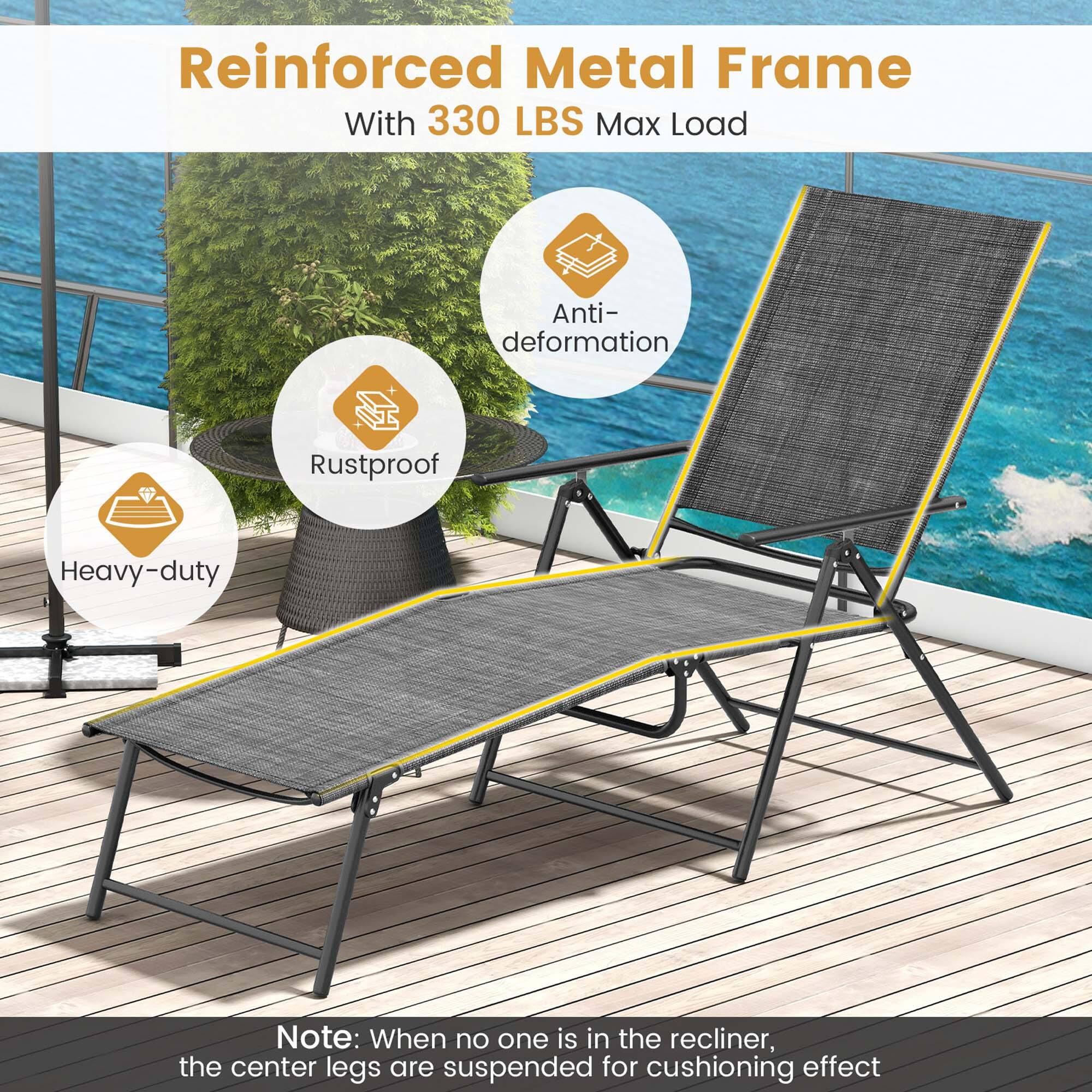 Reinforced Metal Frame With 330 LBS Max Load Anti-deformation Rustproof Heavy-duty Note: When no one is in the recliner, the center legs are suspended for cushioning effect.