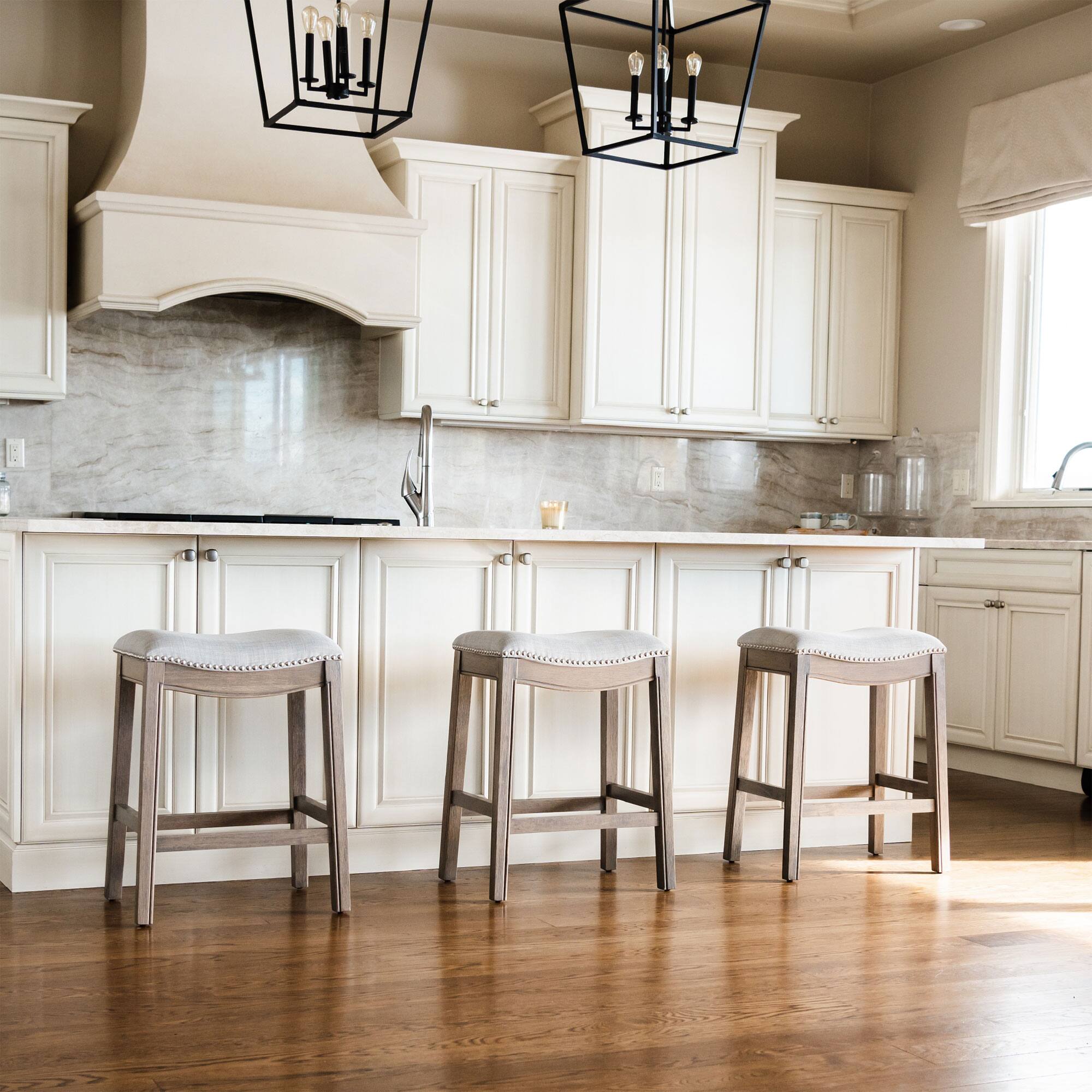 Alt View 4. Maven Lane - Maven Lane Adrien Saddle Counter Stool in Reclaimed Oak Finish with Ash Grey Fabric Upholstery, Set of 2 - Reclaimed Oak.