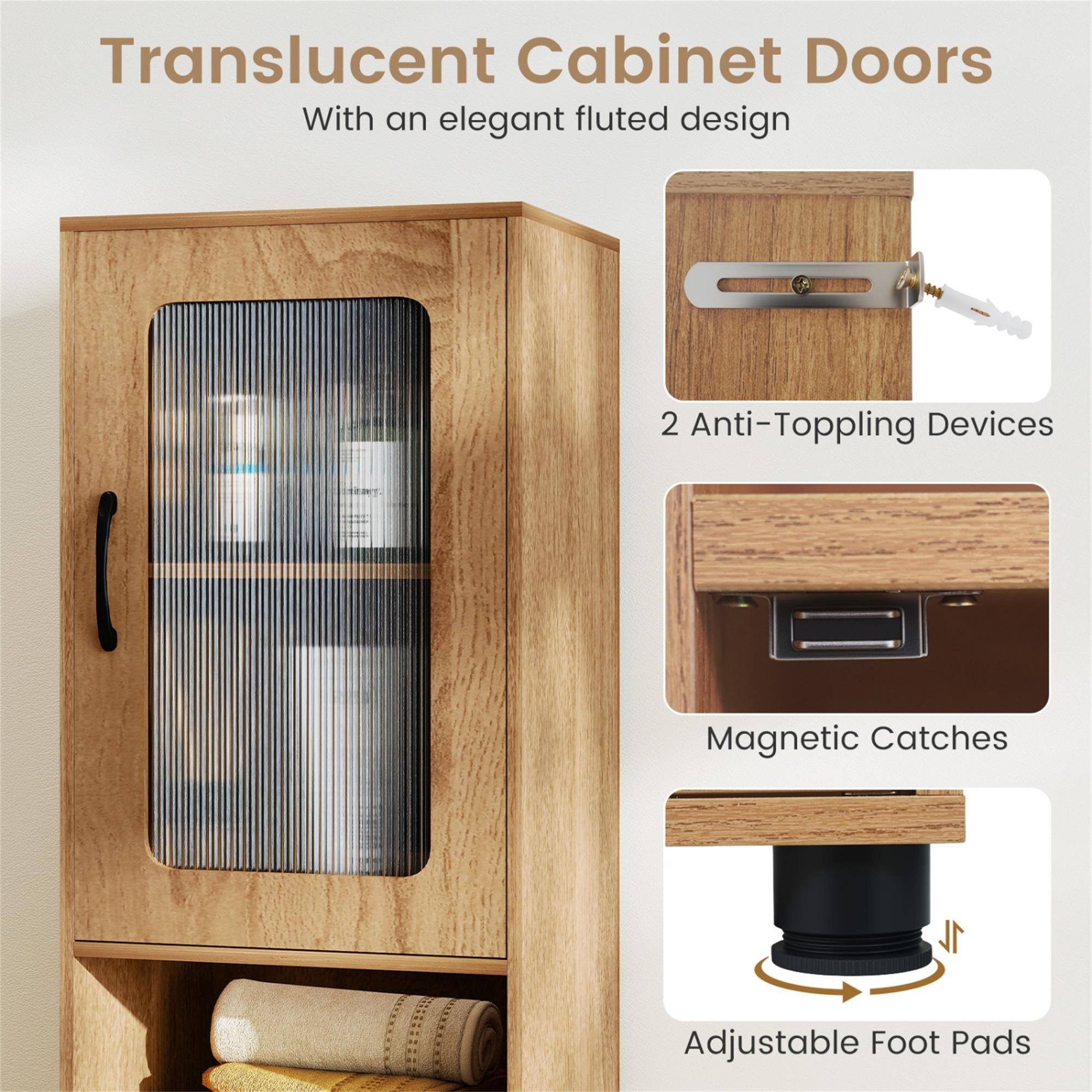 Translucent Cabinet Doors With an elegant fluted design

2 Anti-Topping Devices

Magnetic Catches

Adjustable Foot Pads