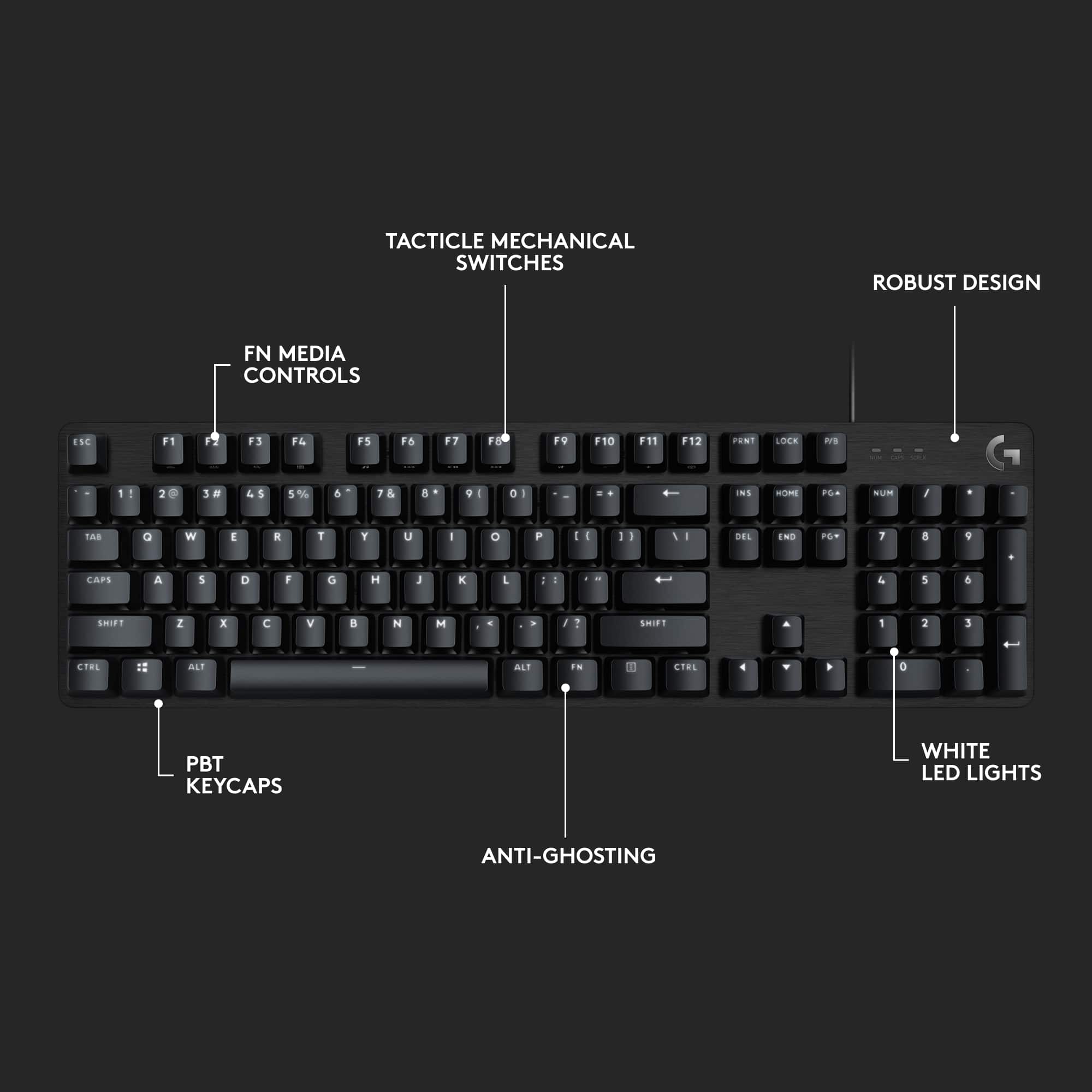 - TACTILE MECHANICAL SWITCHES
- FN MEDIA CONTROLS
- ROBUST DESIGN
- PBT KEYCAPS
- WHITE LED LIGHTS
- ANTI-GHOSTING