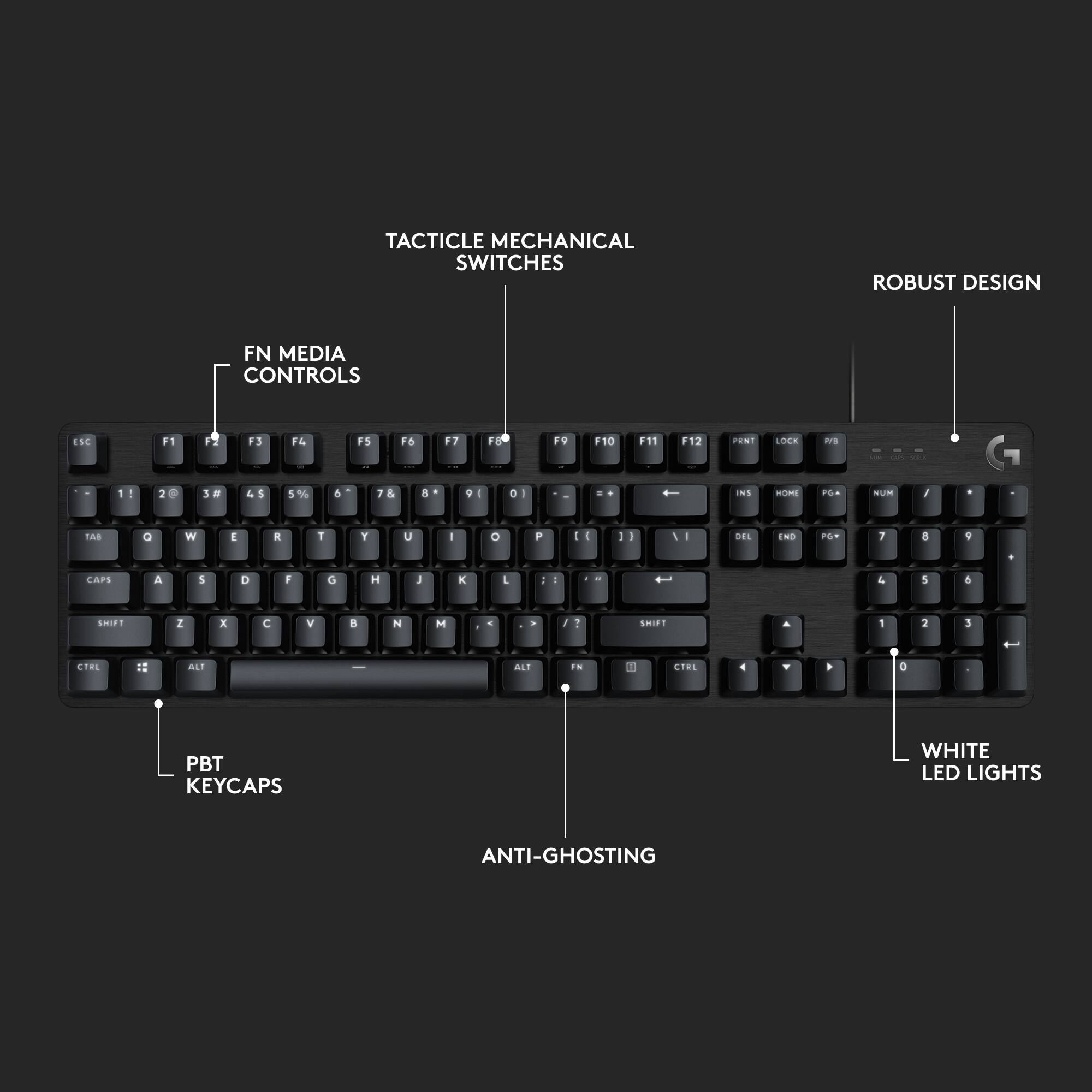 - TACTILE MECHANICAL SWITCHES
- FN MEDIA CONTROLS
- ROBUST DESIGN
- PBT KEYCAPS
- WHITE LED LIGHTS
- ANTI-GHOSTING