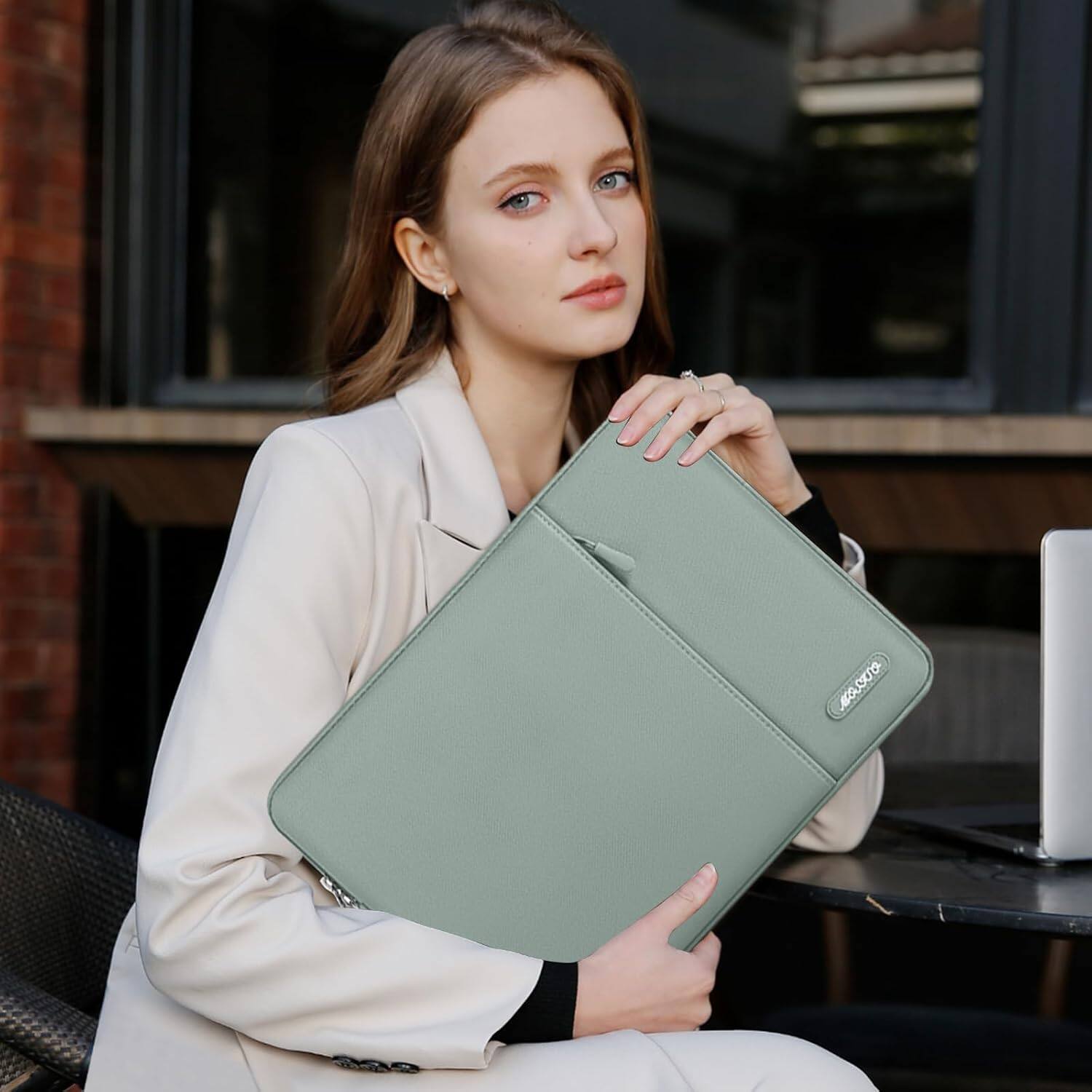 Alt View 2. mosiso - 15-16 Inch Laptop Sleeve with Pocket, Polyester Vertical Case for MacBook Pro 16 M5 M4 M3 M2 M1,HP Acer Dell Lenovo ASUS - Antique Green.