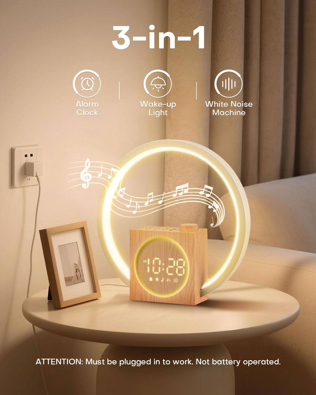 3-in-1 Alarm Clock Wake-up Light White Noise Machine

10:28

ATTENTION: Must be plugged in to work. Not battery operated.
