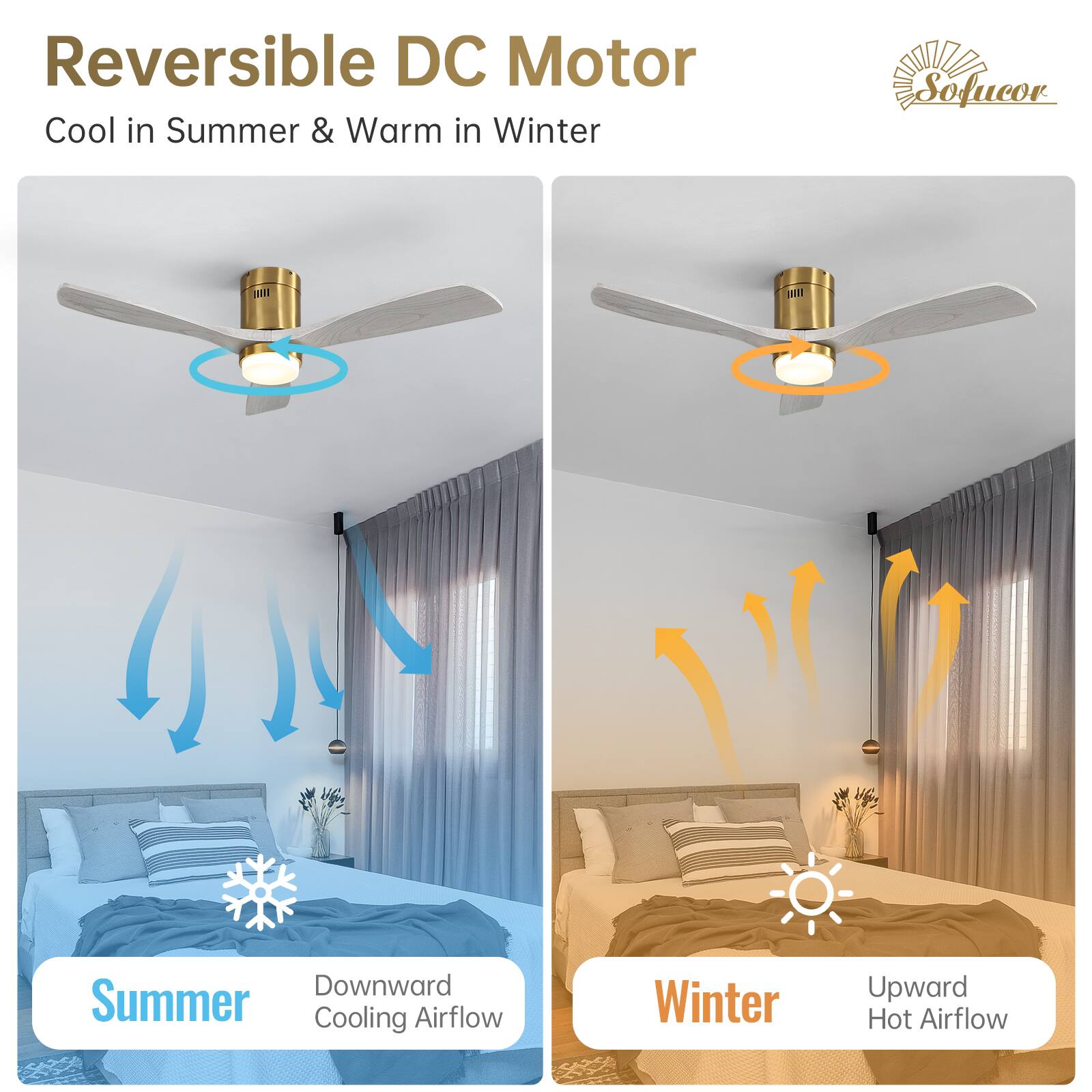 Reversible DC Motor  
Cool in Summer & Warm in Winter  

Summer  
Downward Cooling Airflow  

Winter  
Upward Hot Airflow  

Sofucor